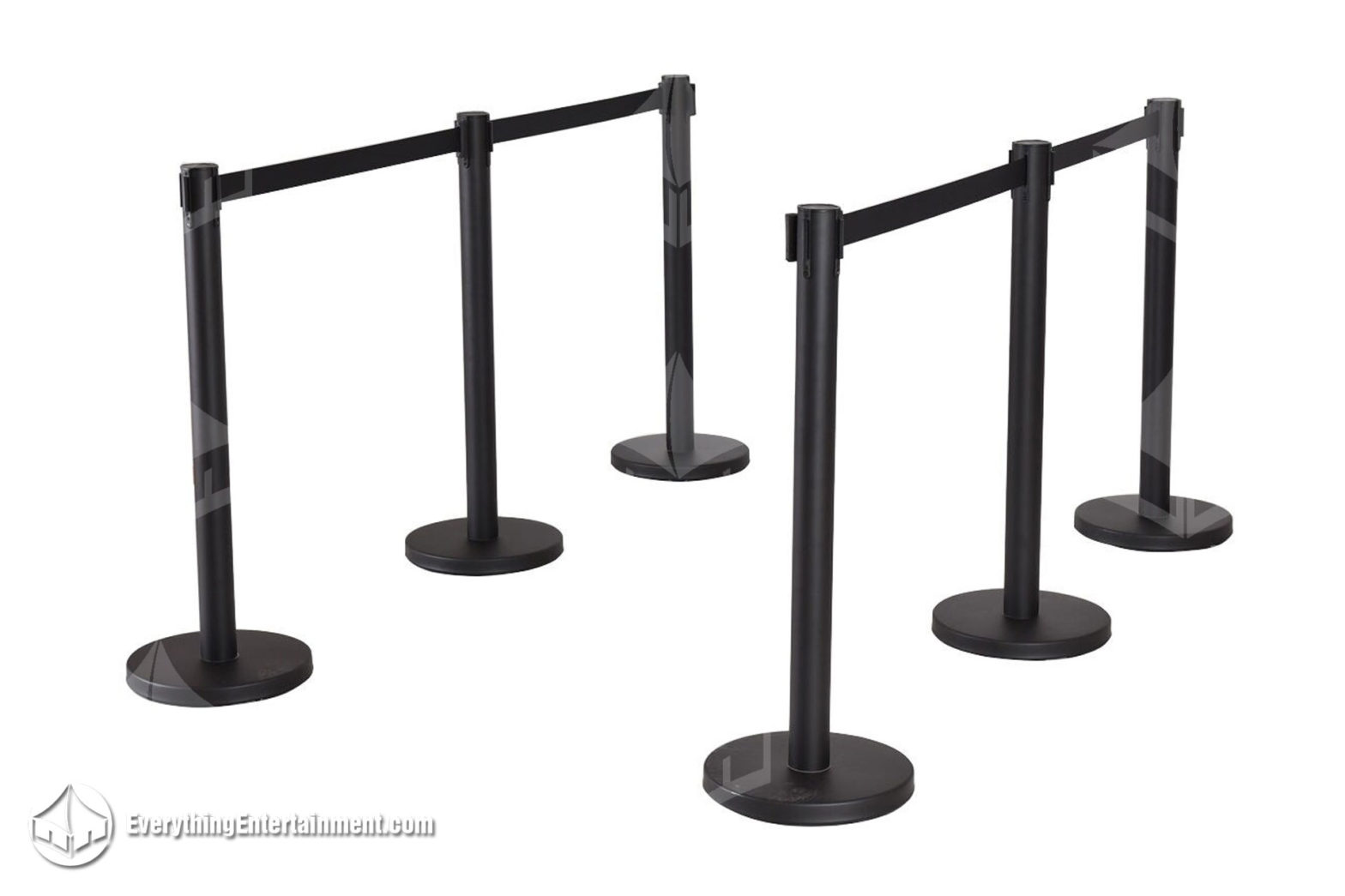 six black stanchions with black belts attaching together