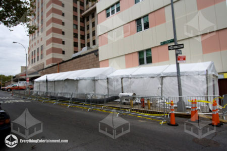 Long tent setup for virus testing at hospital